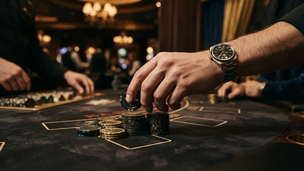 Hånd stabler jetoner på et sort spillebord i et casino