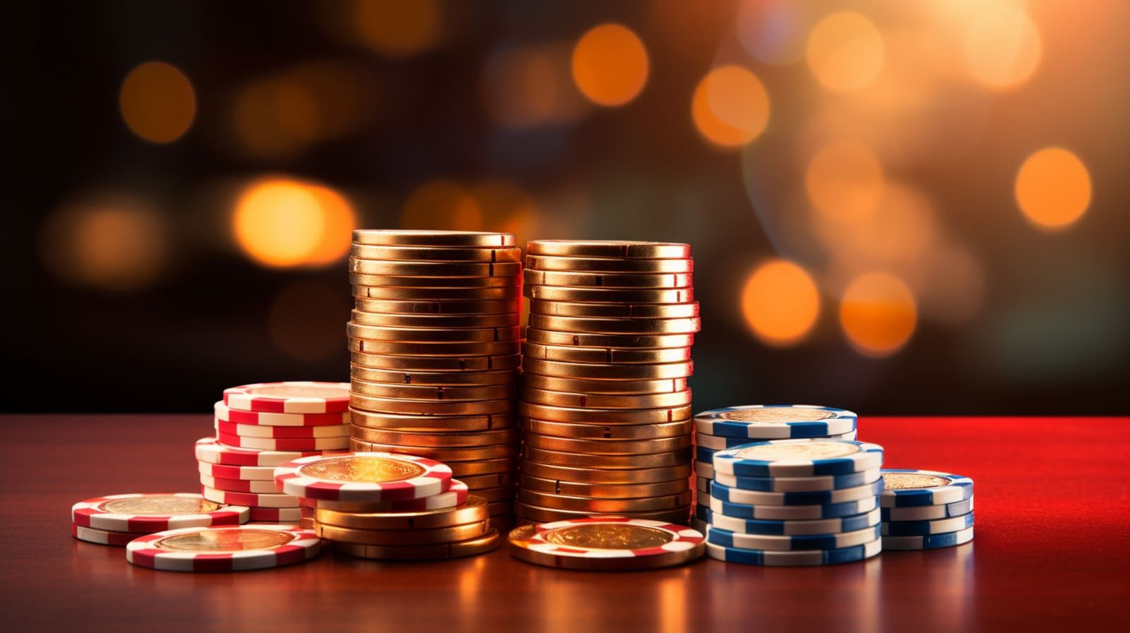 Hånd stabler jetoner på et sort spillebord i et casino